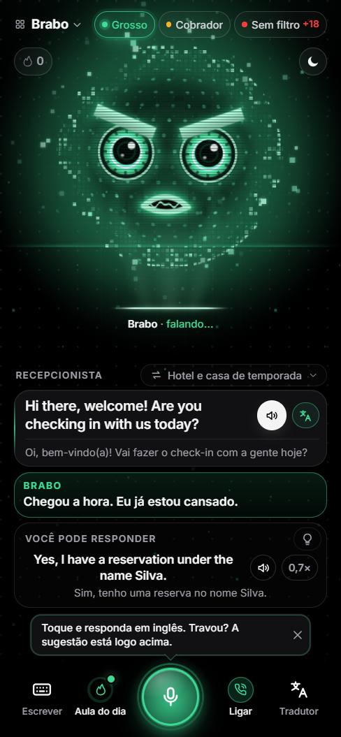 Tela do app: o Brabo como recepcionista no check-in do hotel