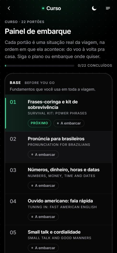 Tela do app: Painel de embarque com os portões do curso