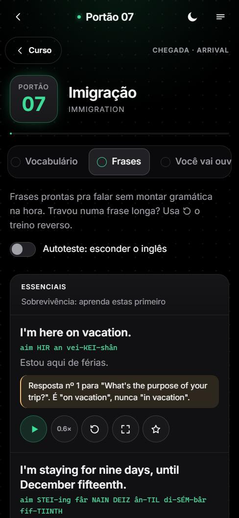 Tela do app: frases da imigração com pronúncia
