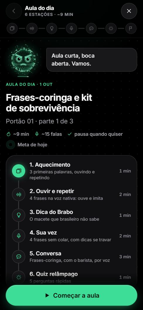 Tela do app: Aula do dia com 6 estações e cerca de 9 minutos